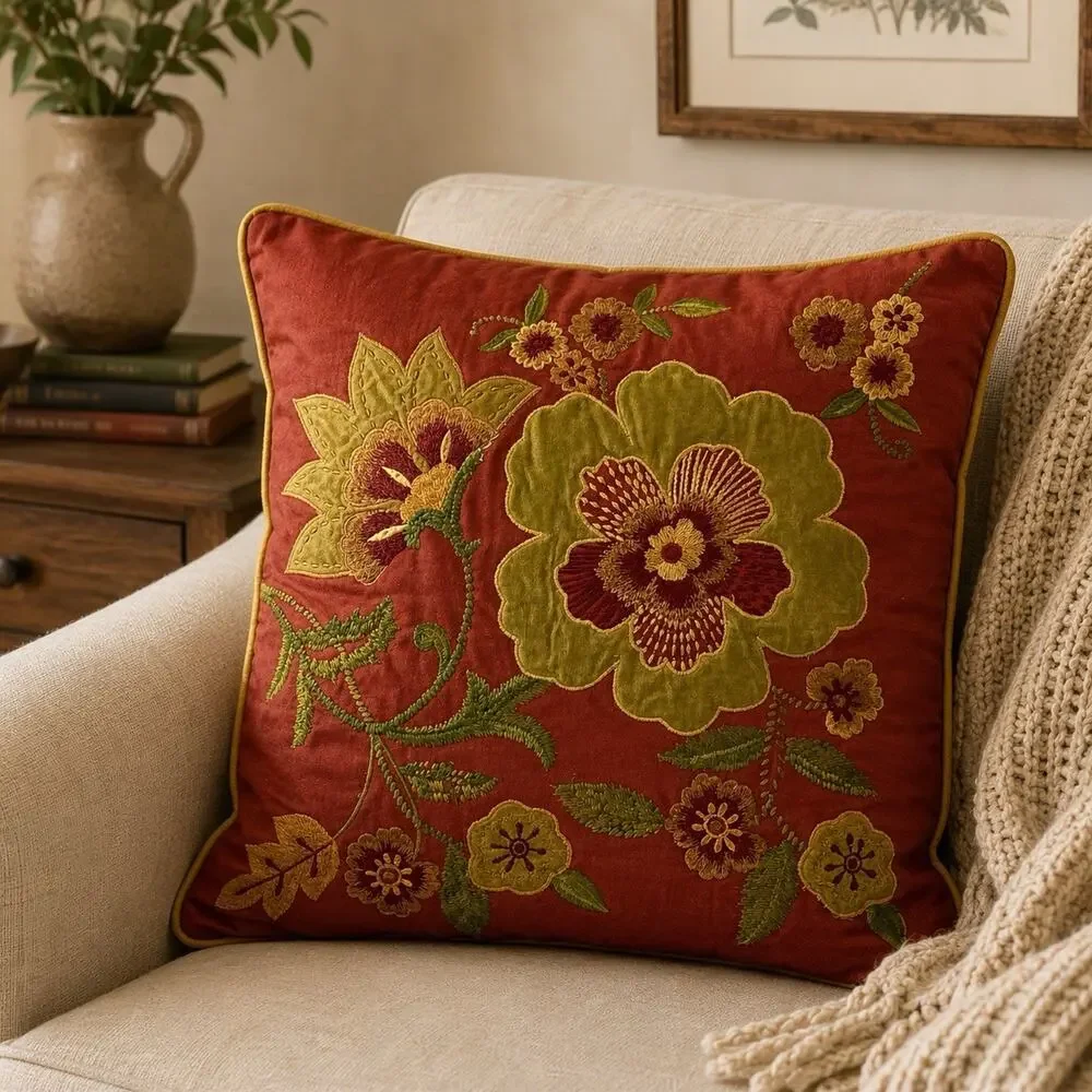 Vintage Pier 1 Embroidered Floral Throw Pillow Cover Applique 17x18
